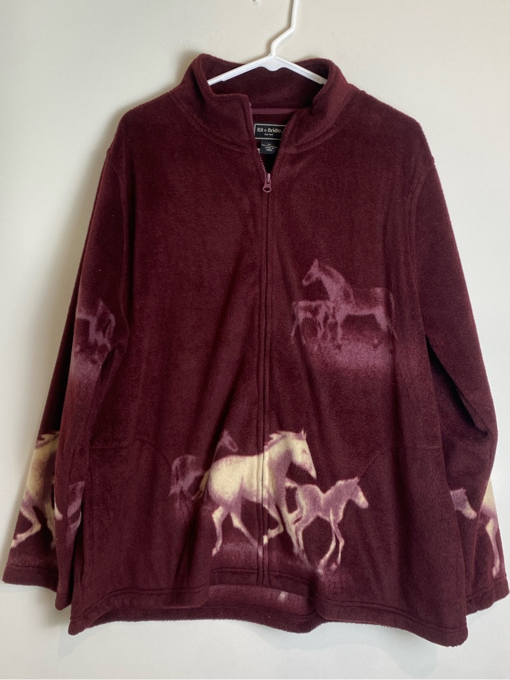 Bit & Bridle Maroon Fleece Jacket with Galloping Horse Print – Size XL